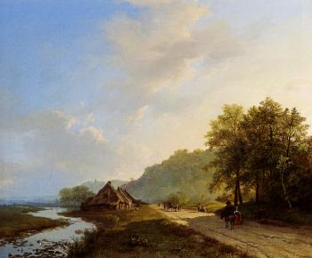 Barend Cornelis Koekkoek : A Summer Landscape With Travellers On A Path